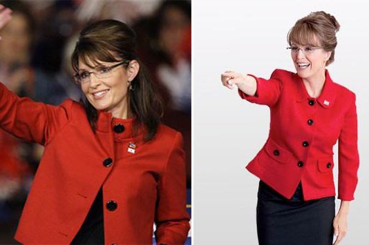 Palin on the left, Moore as Palin on the right